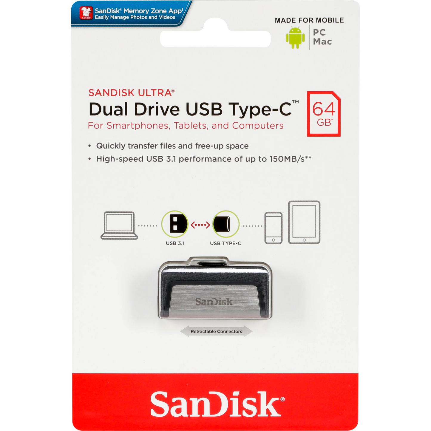 Externminne USB-A 3.1 / USB-C SanDisk Ultra Dual Drive, 64Gb SDDDC2-064G-G46