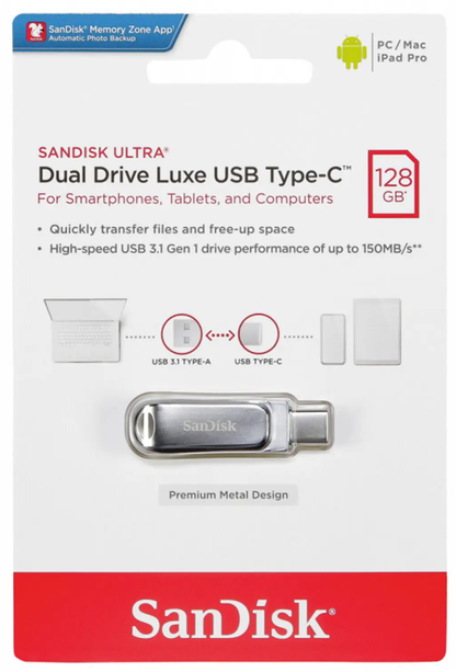 Extern minne USB-A 3.2 / USB-C SanDisk Ultra Luxe Dual Drive, 128Gb SDDDC4-128G-G46