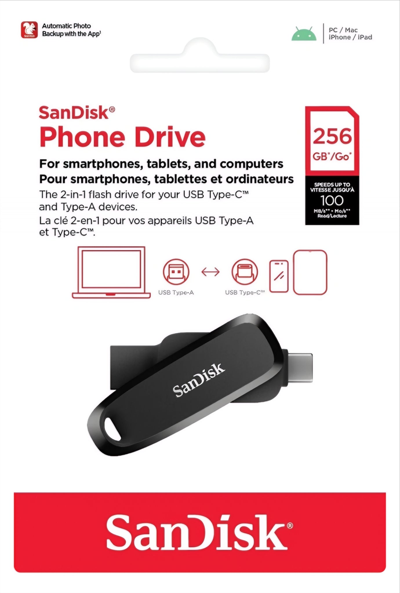 Externminne USB-A 3.2 / USB-C SanDisk Phone Drive, 256Gb SDDDC6-256G-G46