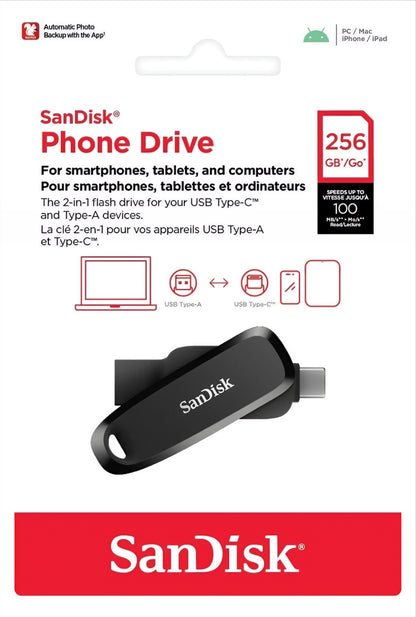 Externminne USB-A 3.2 / USB-C SanDisk Phone Drive, 256Gb SDDDC6-256G-G46