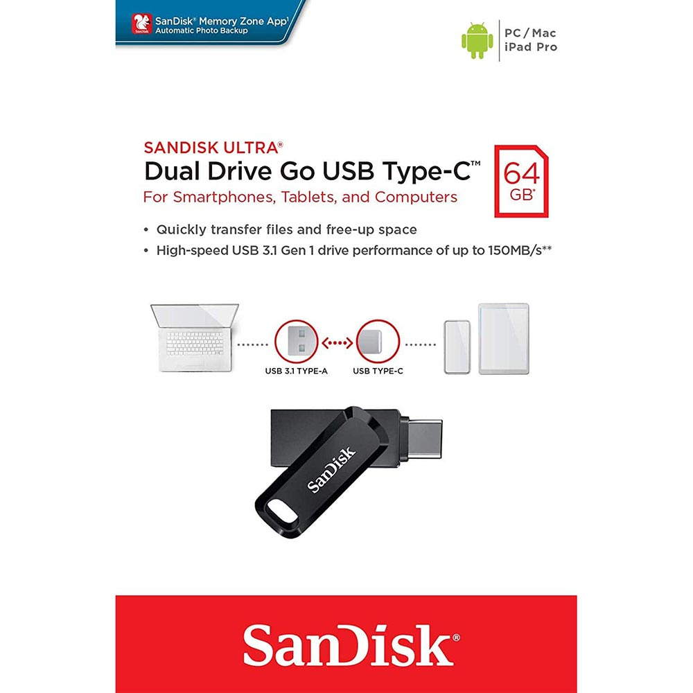 Externminne USB-A 3.2 / USB-C SanDisk Ultra Dual Go, 64Gb SDDDC3-064G-G46