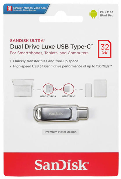 Externminne USB-A 3.2 / USB-C SanDisk Ultra Luxe Dual Drive, 32Gb SDDDC4-032G-G46
