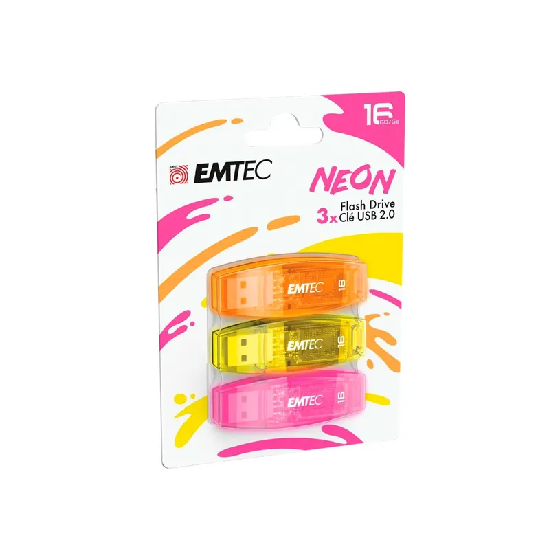 Externminne USB-A Emtec C410 Neon, 16Gb, Set 3 stycken ECMMD16GC41