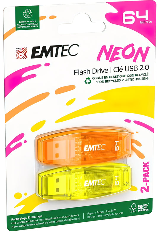 Externminne USB-A Emtec C410 Neon, 64Gb, Set med 2 stycken ECMMD64GC41