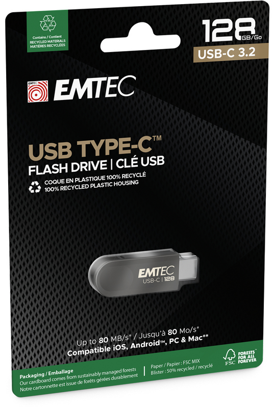 Externminne USB-C Emtec C280 Single, 128Gb ECMMD128GC2