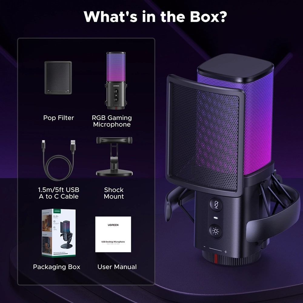 Cardioid Mikrofon UGREEN CM581 (65629), RGB, USB-C, 1.5m, Svart