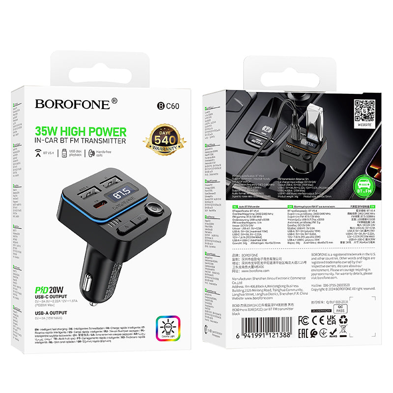 FM Bluetooth-modulator Borofone BC60 Hero, 2 x USB-A - 1 x USB-C