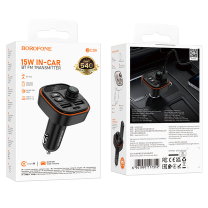 FM Bluetooth-modulator Borofone BC59 Heroic, 2 x USB-A - 1 x USB-C