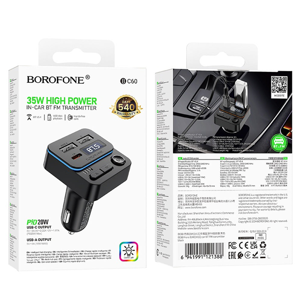 FM Bluetooth-modulator Borofone BC60 Hero, 2 x USB-A - 1 x USB-C