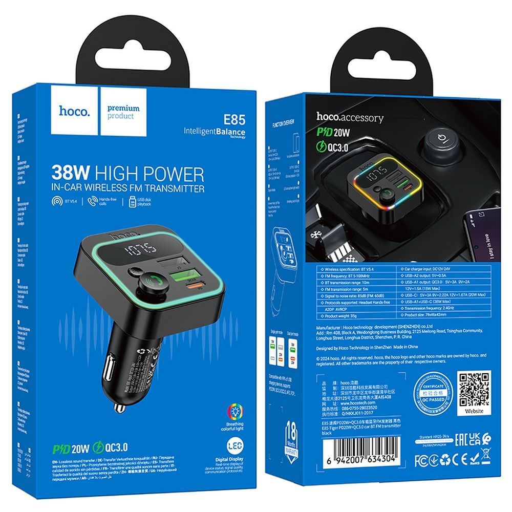 FM Bluetooth-modulator HOCO E85, 2 x USB-A - 1 x USB-C