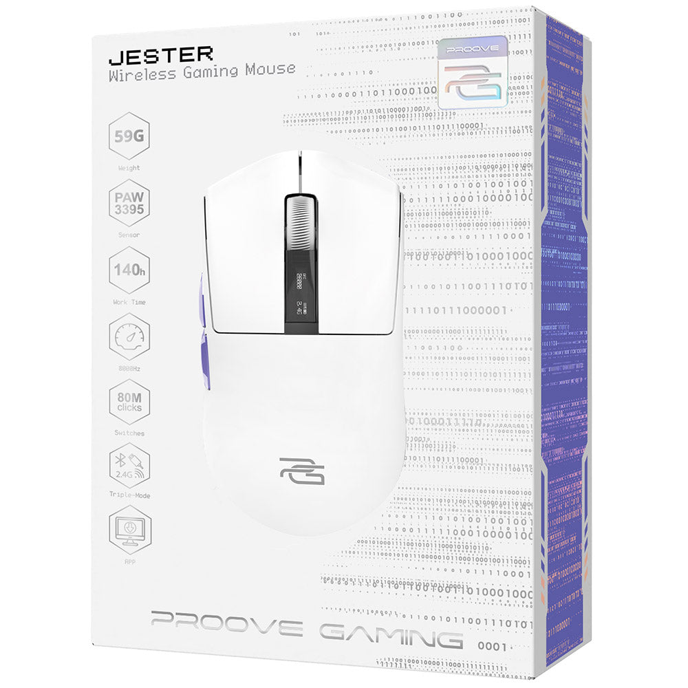Trådlös Gamingmus Proove Jester, 800DPI - 26000DPI, OLED-display, Vit WMJS00022002