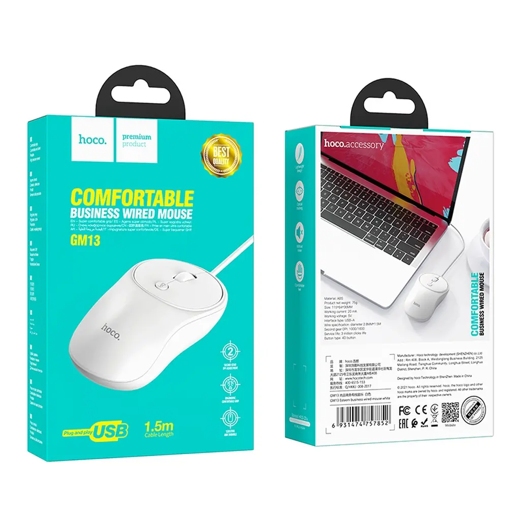 Trådad USB-mus HOCO GM13, 1600DPI, Vit