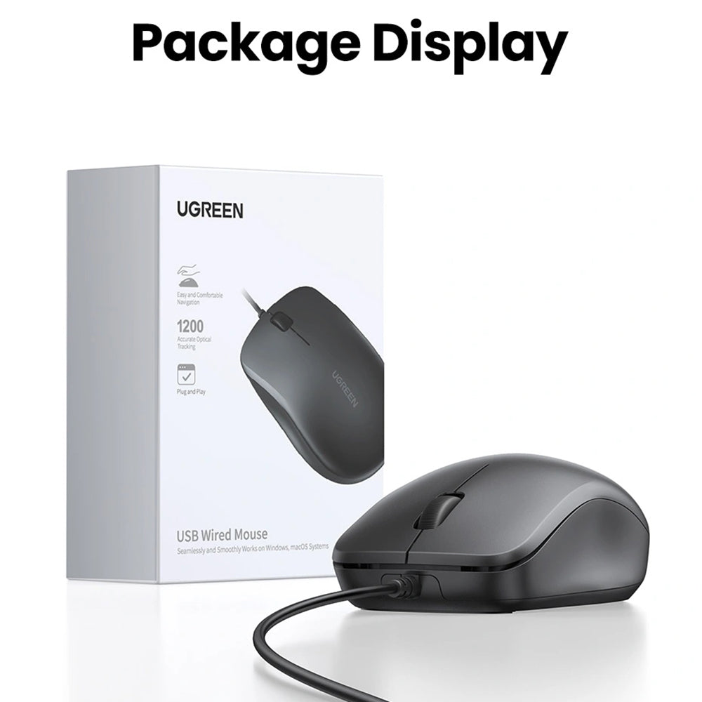 Mus med sladd USB UGREEN MU007, 1200DPI, 1.5m, Svart