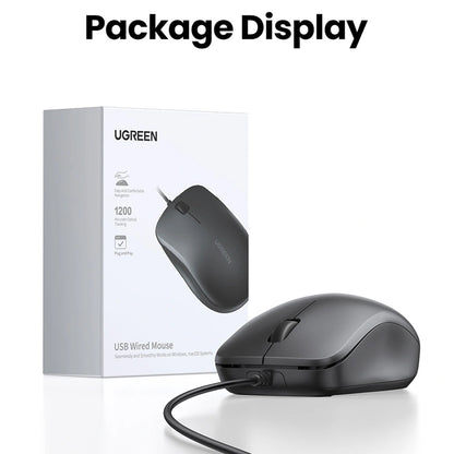 Mus med sladd USB UGREEN MU007, 1200DPI, 1.5m, Svart