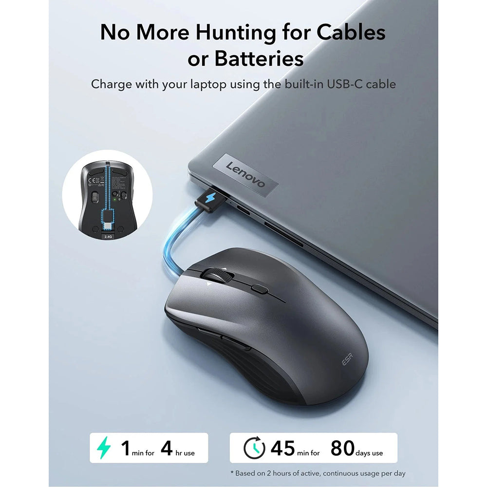 Trådlös mus ESR MagMouse, 800DPI - 4800DPI, BT / Wi-Fi, Grå