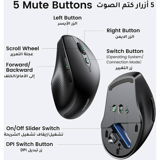 Trådlös mus UGREEN MU101, 4000DPI, BT / Wi-Fi, Svart