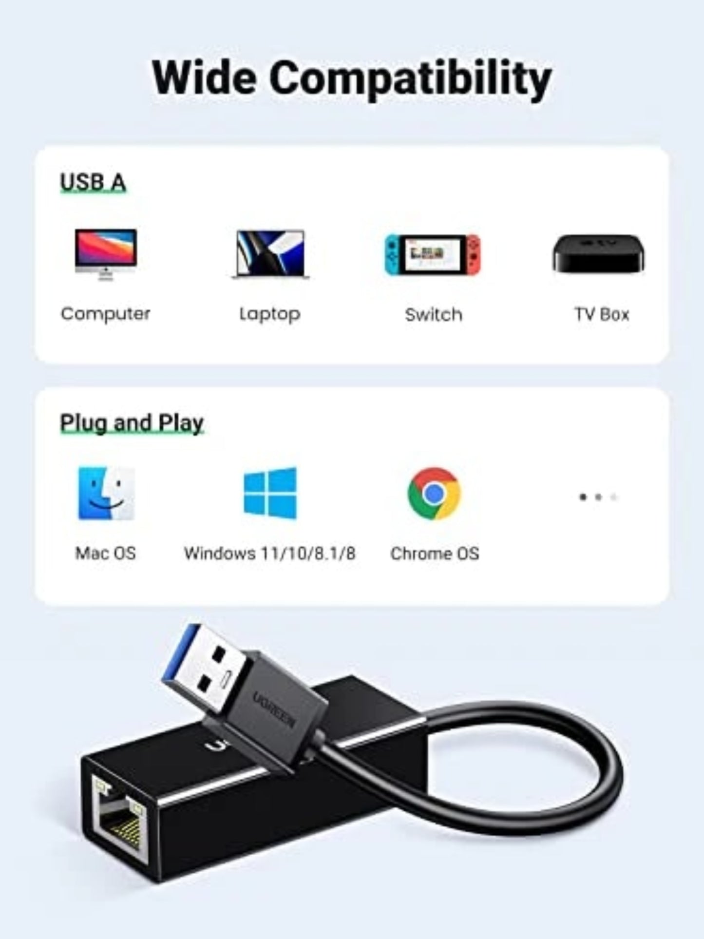 UGREEN CR111 Nätverkskort, RJ45, USB 3.0, Vit
