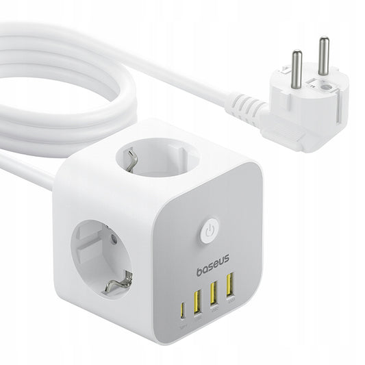 Förlängningssladd Baseus PowerCombo 7in1, 20W, 3A, 3 x USB-A - 1 x USB-C - 3 x Schuko, Vit E00066401213-00