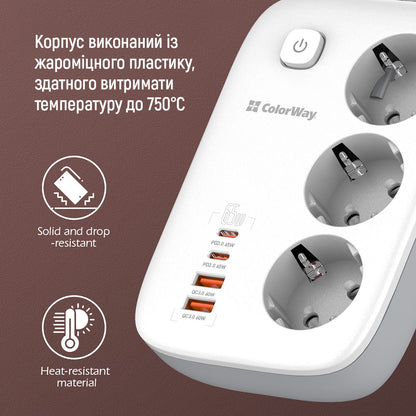 Förlängningssladd ColorWay, 3 x Schuko, Vit