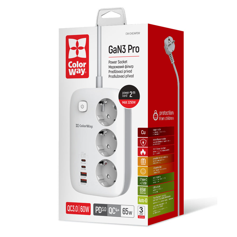 Förlängningssladd ColorWay, 3 x Schuko, Vit