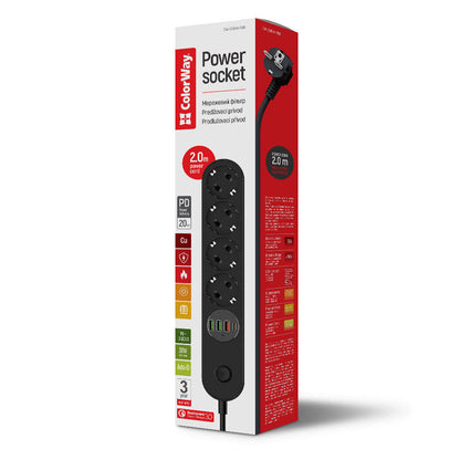 Förlängningssladd ColorWay, 4 x Schuko, Svart
