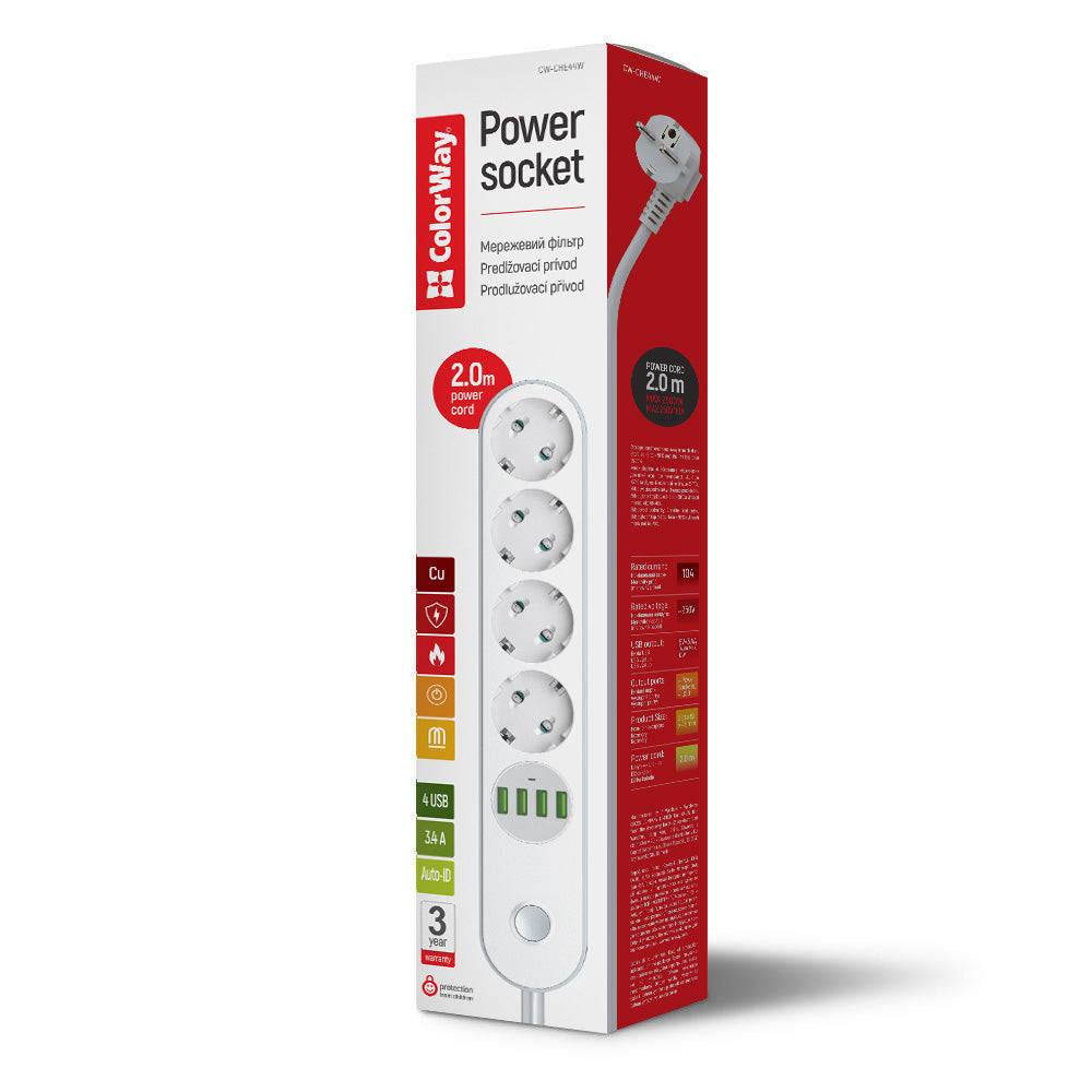 Förlängningssladd ColorWay, 4 x Schuko, Vit