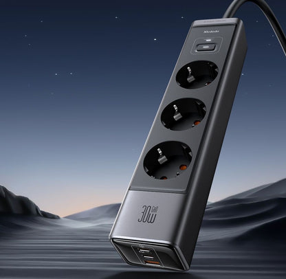 Förlängningssladd McDodo CH-0620, 3 x Schuko - 1 x USB-A - 2 x USB-C, Svart