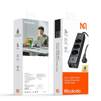 Förlängningssladd McDodo CH-0620, 3 x Schuko - 1 x USB-A - 2 x USB-C, Svart