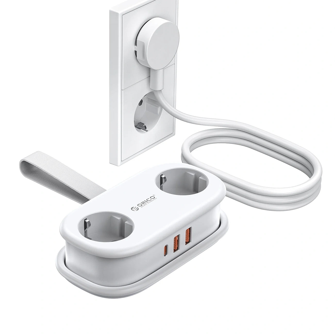 Orico APP förlängningssladd, 2 x Schuko - 2 x USB-A - 1 x USB-C, Vit