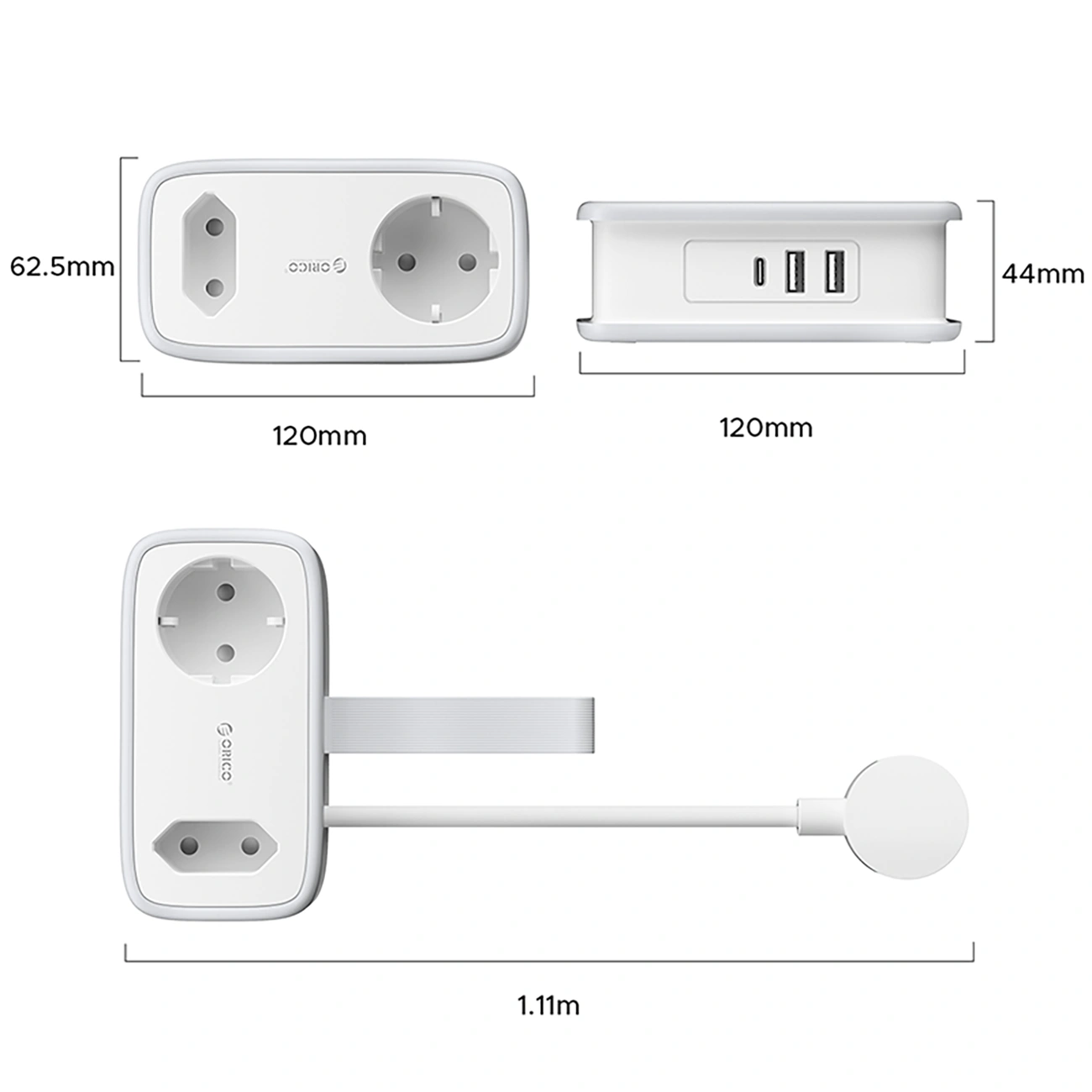 Orico APP förlängningssladd, 1 x Schuko - 1 x uttag - 2 x USB-A - 1 x USB-C, Vit Grå