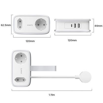 Orico APP förlängningssladd, 1 x Schuko - 1 x uttag - 2 x USB-A - 1 x USB-C, Vit Grå