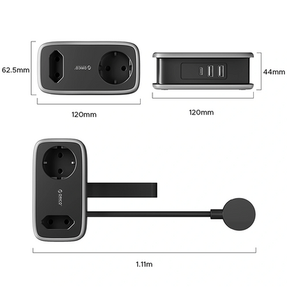 Orico APP förlängningssladd, 1 x Schuko - 1 x uttag - 2 x USB-A - 1 x USB-C, Svart Grå