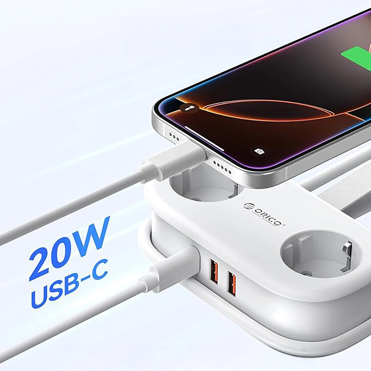 Orico APP förlängningssladd, 2 x Schuko - 2 x USB-A - 1 x USB-C, Vit