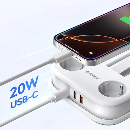 Orico APP förlängningssladd, 2 x Schuko - 2 x USB-A - 1 x USB-C, Vit