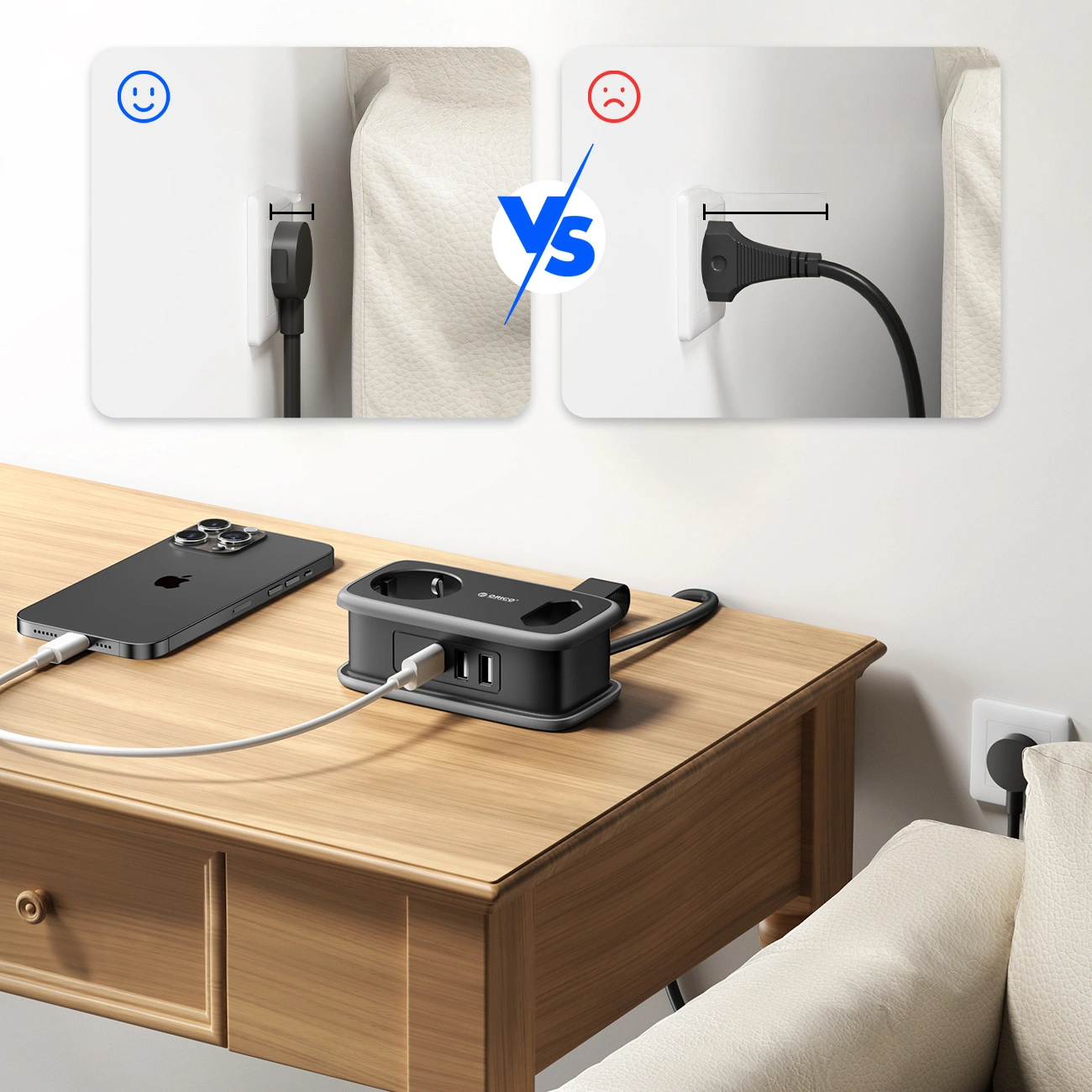 Orico APP förlängningssladd, 1 x Schuko - 1 x uttag - 2 x USB-A - 1 x USB-C, Svart Grå