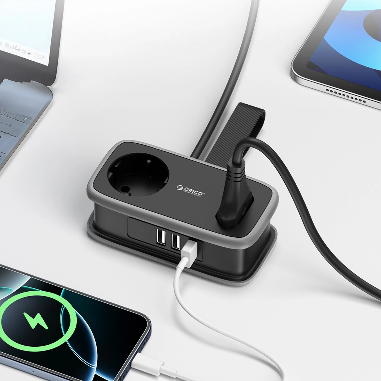 Orico APP förlängningssladd, 1 x Schuko - 1 x uttag - 2 x USB-A - 1 x USB-C, Svart Grå