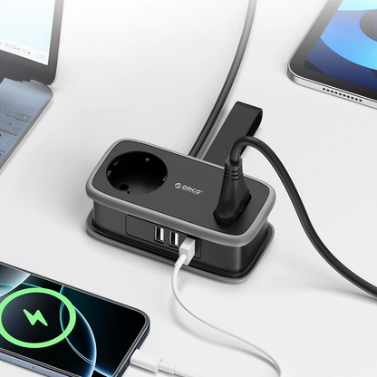 Orico APP förlängningssladd, 1 x Schuko - 1 x uttag - 2 x USB-A - 1 x USB-C, Svart Grå