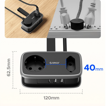 Orico APP förlängningssladd, 1 x Schuko - 1 x uttag - 2 x USB-A - 1 x USB-C, Svart Grå
