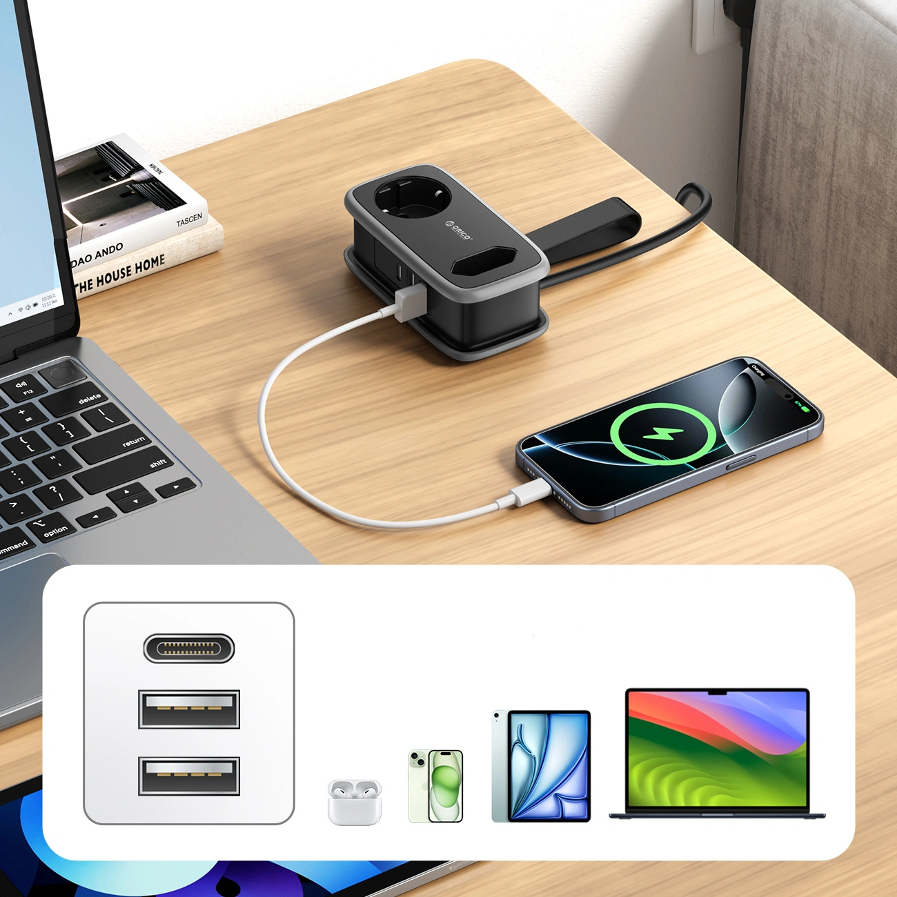 Orico APP förlängningssladd, 1 x Schuko - 1 x uttag - 2 x USB-A - 1 x USB-C, Svart Grå