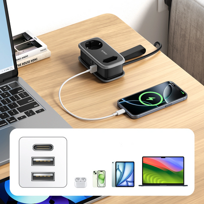 Orico APP förlängningssladd, 1 x Schuko - 1 x uttag - 2 x USB-A - 1 x USB-C, Svart Grå