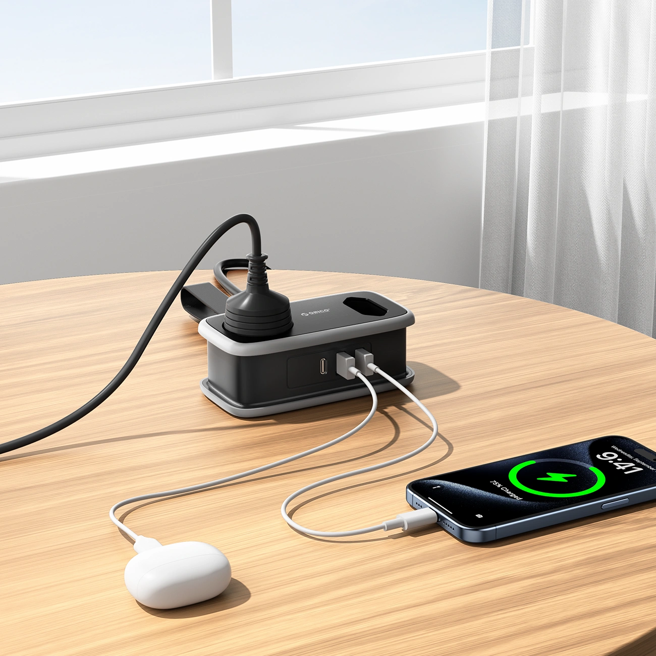 Orico APP förlängningssladd, 1 x Schuko - 1 x uttag - 2 x USB-A - 1 x USB-C, Svart Grå