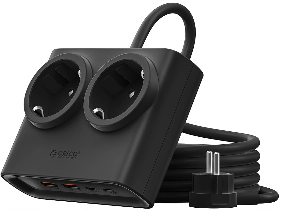 Orico PDC25 förlängningssladd, 2 x Schuko - 2 x USB-A - 2 x USB-C, Svart