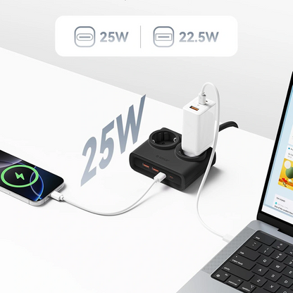 Orico PDC25 förlängningssladd, 2 x Schuko - 2 x USB-A - 2 x USB-C, Svart