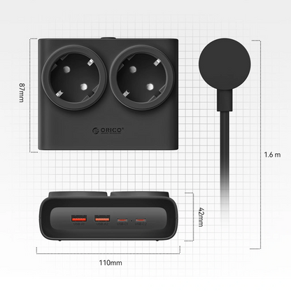Orico PDC25 förlängningssladd, 2 x Schuko - 2 x USB-A - 2 x USB-C, Svart
