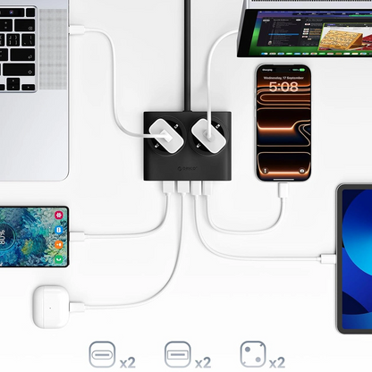 Orico PDC25 förlängningssladd, 2 x Schuko - 2 x USB-A - 2 x USB-C, Svart