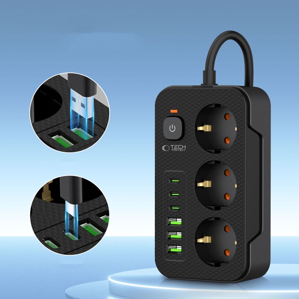 Förlängningssladd Tech-Protect PC3X6, 3 x Schuko, Svart
