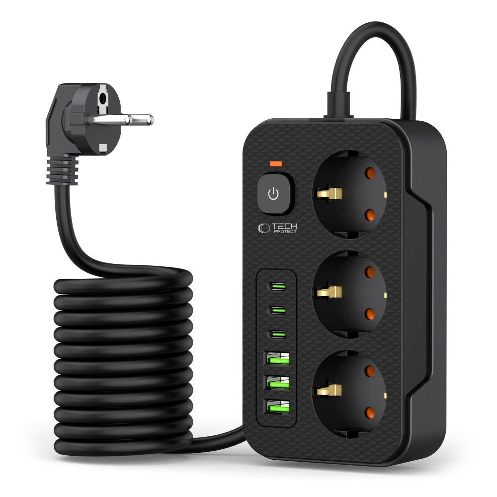 Förlängningssladd Tech-Protect PC3X6, 3 x Schuko, Svart