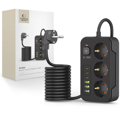 Förlängningssladd Tech-Protect PC3X6, 3 x Schuko, Svart