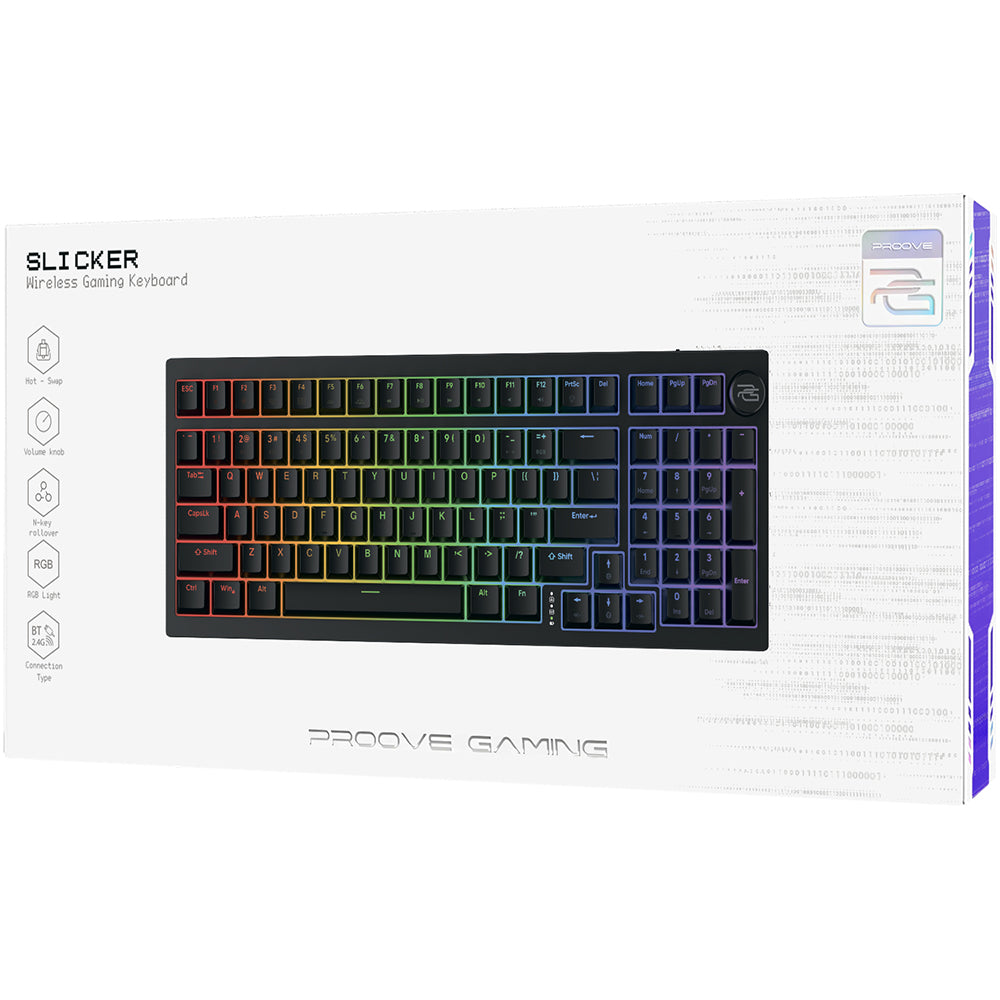 Trådlöst gamingtangentbord Proove Slicker, RGB, BT / Wi-Fi / Kabelanslutet, 1.8m, Svart WKSLEN00022401