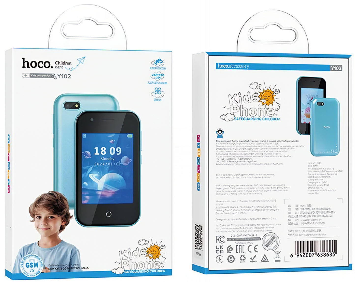 Mobiltelefon HOCO Y102 Kids, 2G, Display 2.8 tum, Blå